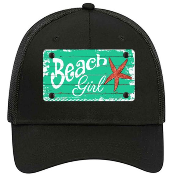 Beach Girl with Starfish Metal on Trucker Mesh Snapback Hat - Black - Picture 1 of 2